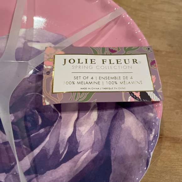 NWT Jolie Fleur Set of 4 Floral 9” Scalloped Melamine Plates Pink Purple Rouge - Picture 2 of 4